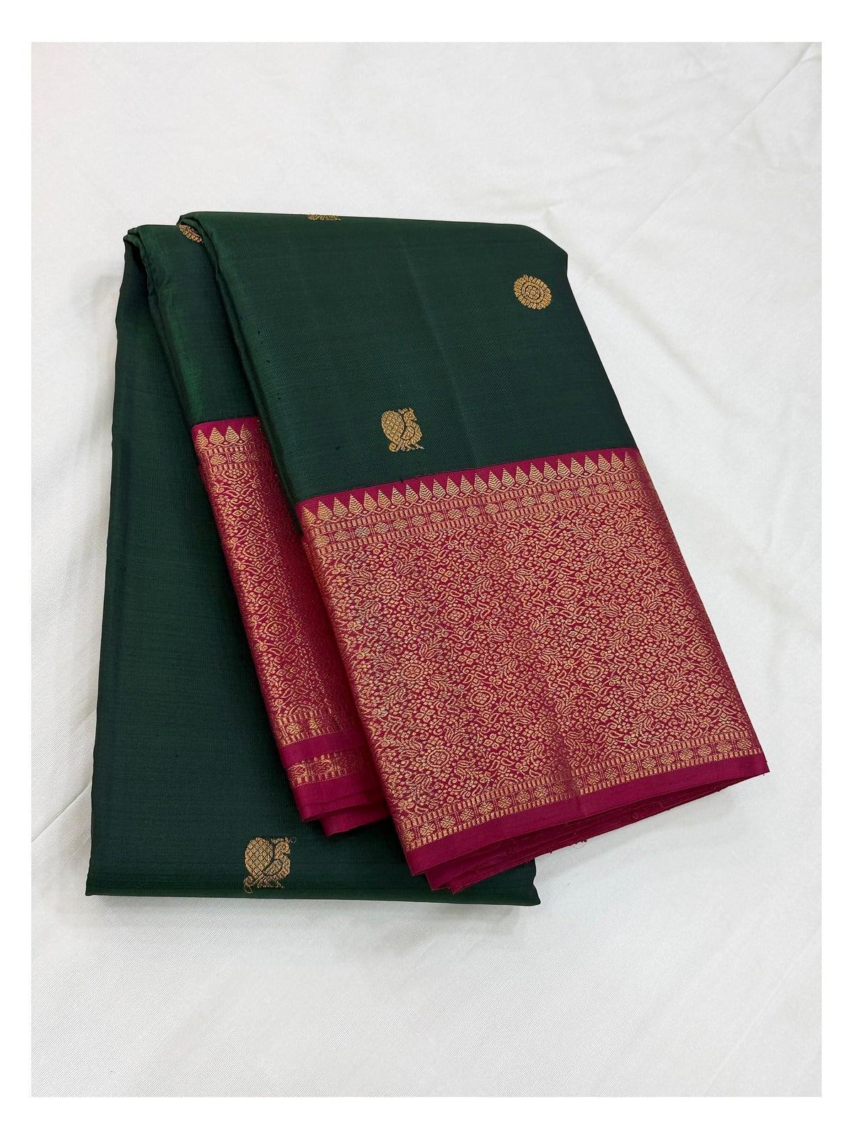Handwoven Kanchipuram Silk Saree - Deep Green with Magenta Contrast Zari Border front view