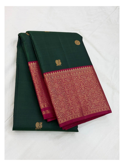 Handwoven Kanchipuram Silk Saree - Deep Green with Magenta Contrast Zari Border front view