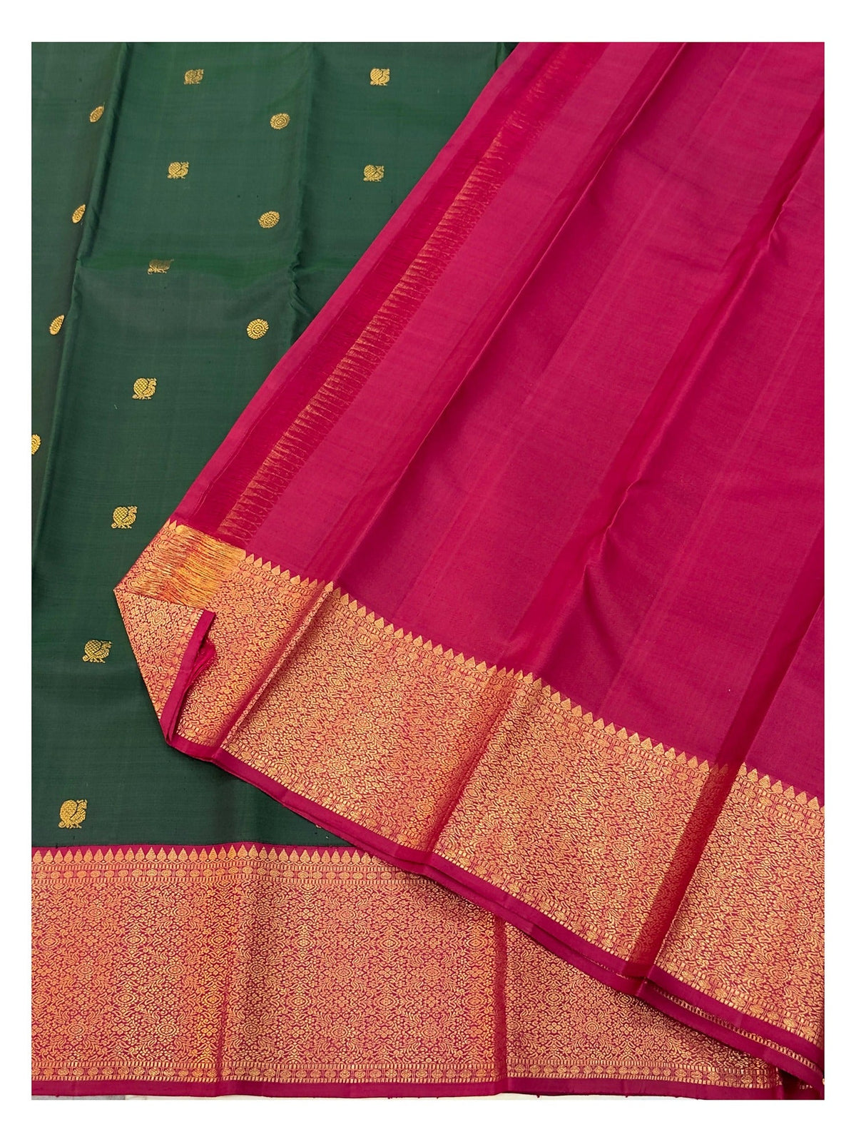 Handwoven Kanchipuram Silk Saree - Deep Green with Magenta Contrast Zari Border