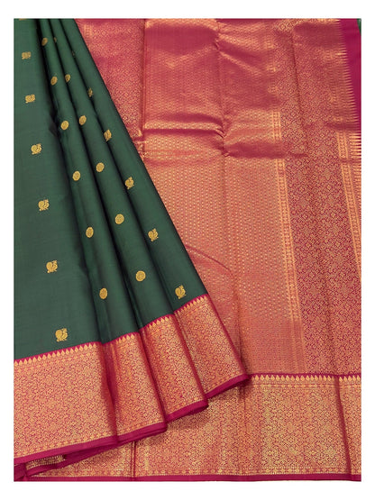 Handwoven Kanchipuram Silk Saree - Deep Green with Magenta Contrast Zari Border