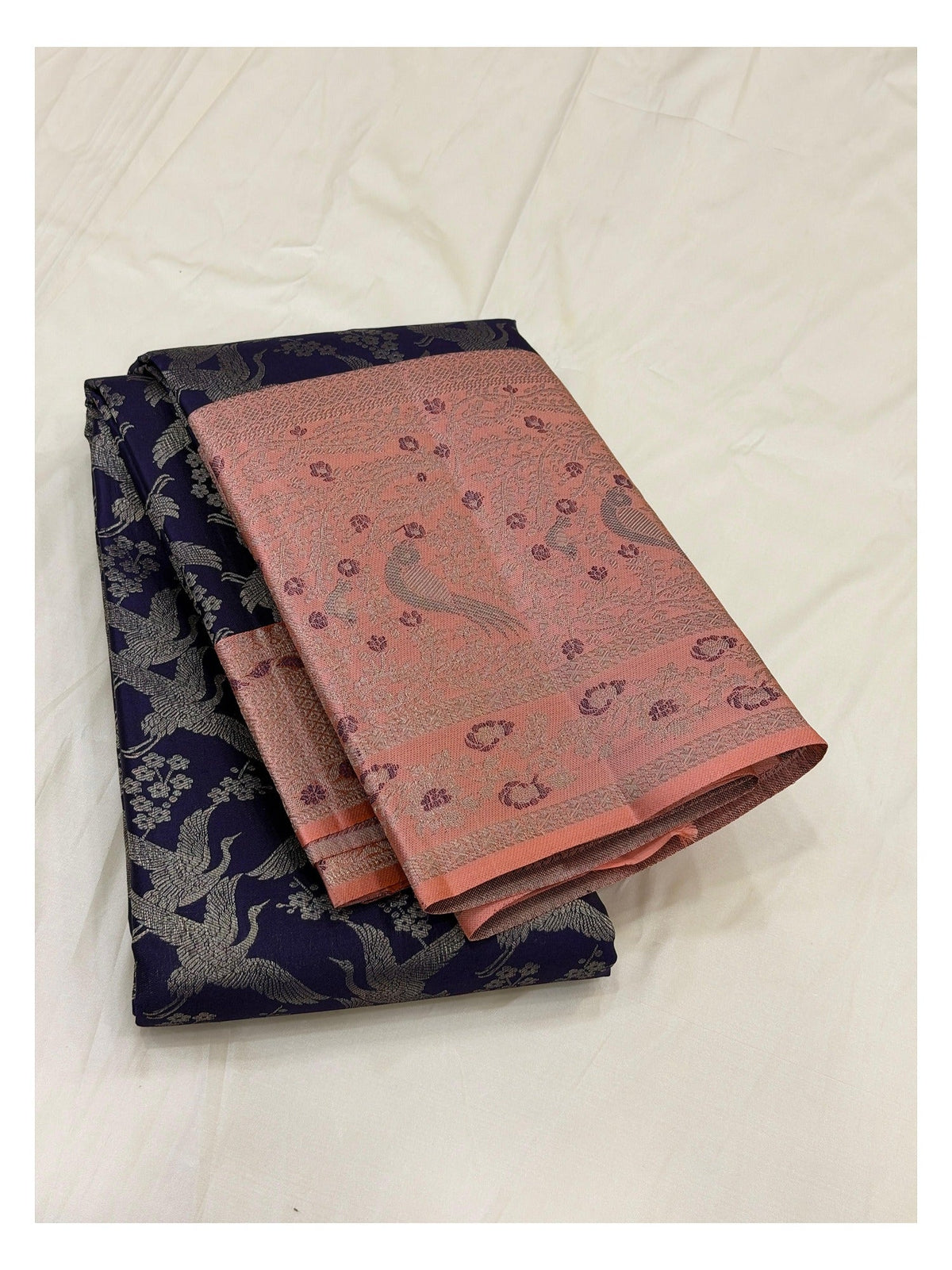 Handwoven Kanchipuram Silk Saree - Deep Navy Blue with Peach Pink Pallu front view