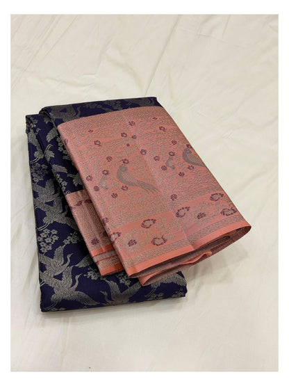Handwoven Kanchipuram Silk Saree - Deep Navy Blue with Peach Pink Pallu front view