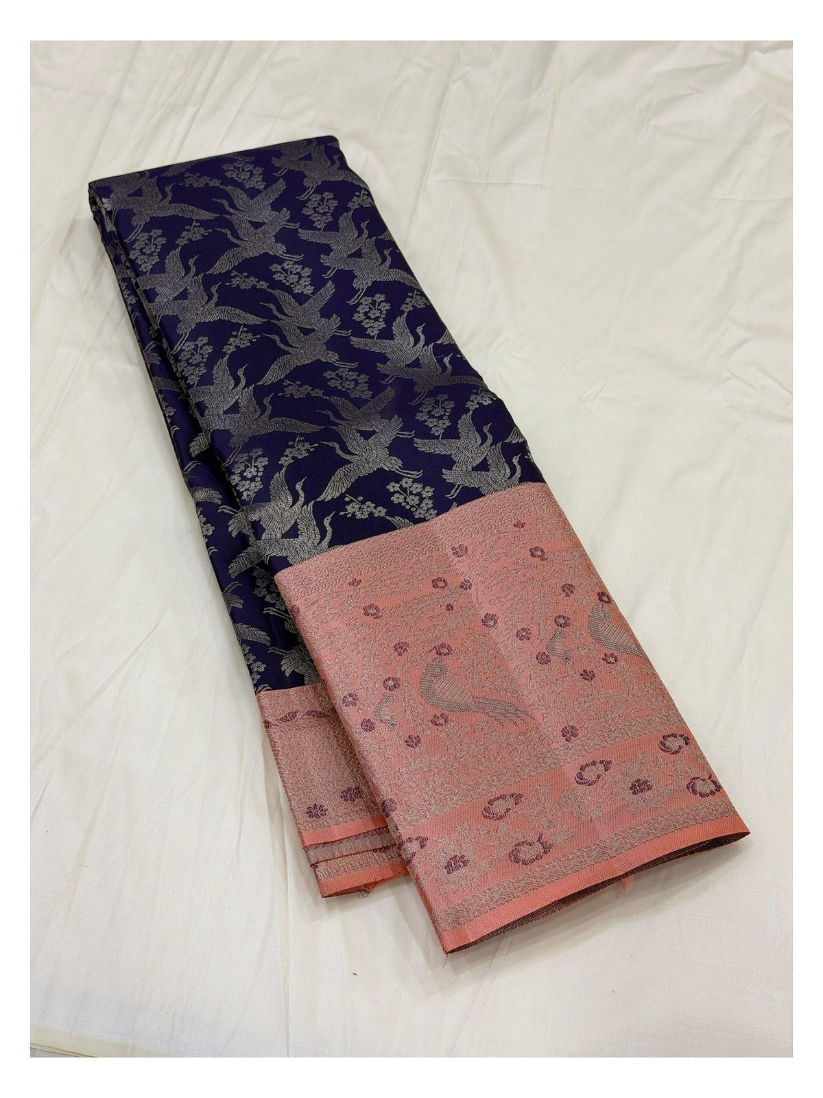 Handwoven Kanchipuram Silk Saree - Deep Navy Blue with Peach Pink Pallu