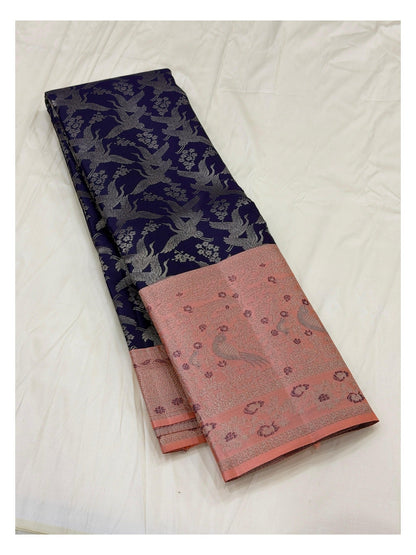 Handwoven Kanchipuram Silk Saree - Deep Navy Blue with Peach Pink Pallu