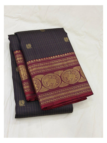Handwoven Kanchipuram Silk Saree - Deep Navy with Maroon Elephant Border front view