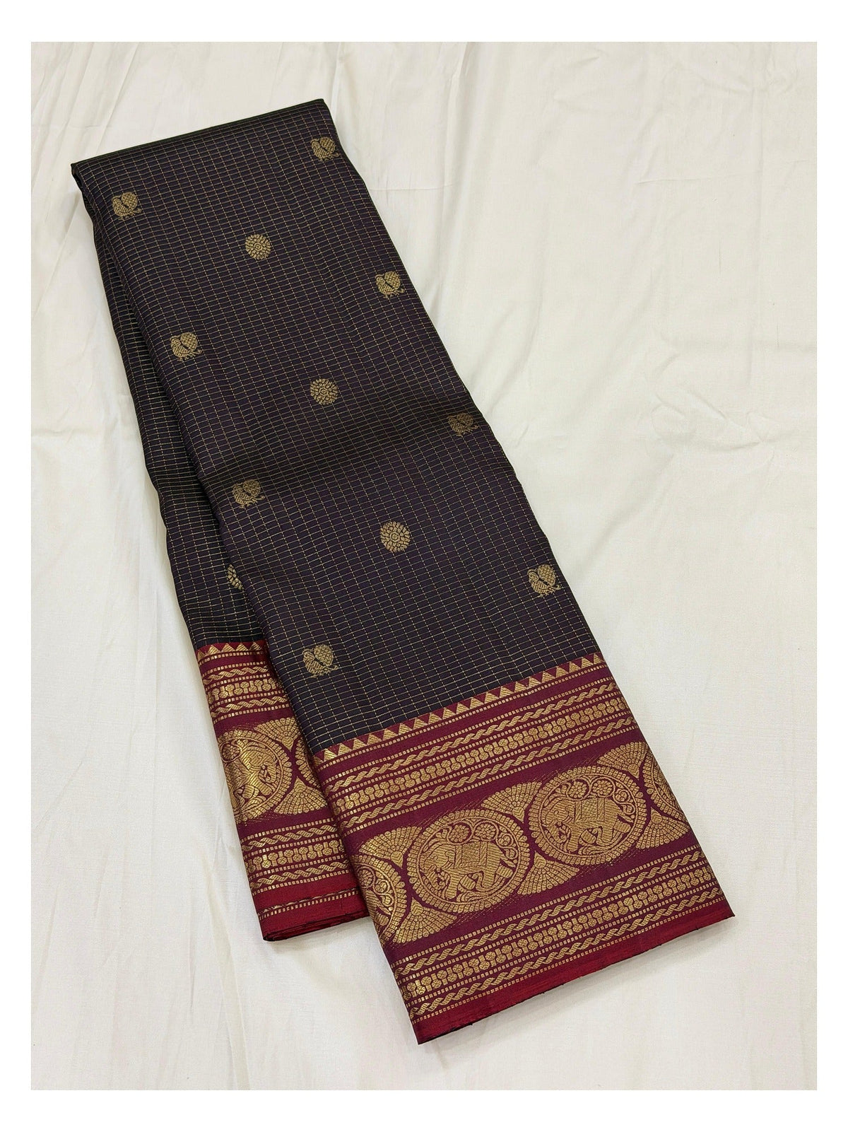 Handwoven Kanchipuram Silk Saree - Deep Navy with Maroon Elephant Border
