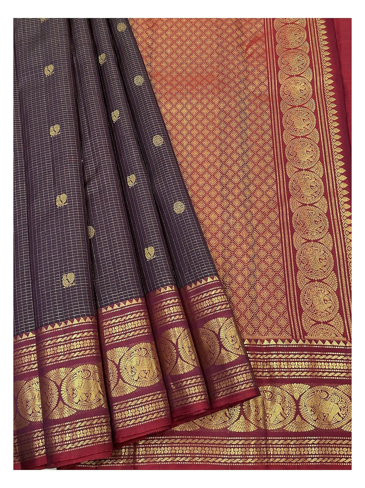 Handwoven Kanchipuram Silk Saree - Deep Navy with Maroon Elephant Border