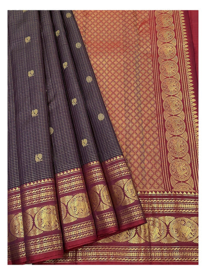 Handwoven Kanchipuram Silk Saree - Deep Navy with Maroon Elephant Border