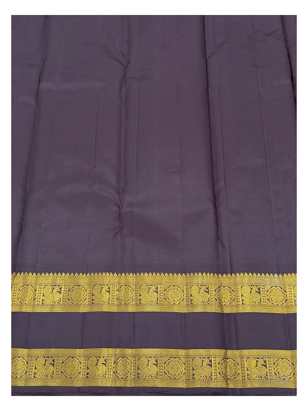 Handwoven Kanchipuram Silk Saree - Deep Plum with Gold-Toned Buttas, Peacock Border and Lattice Pallu