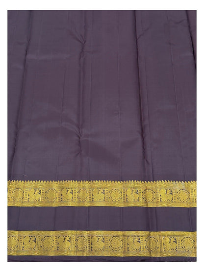 Handwoven Kanchipuram Silk Saree - Deep Plum with Gold-Toned Buttas, Peacock Border and Lattice Pallu