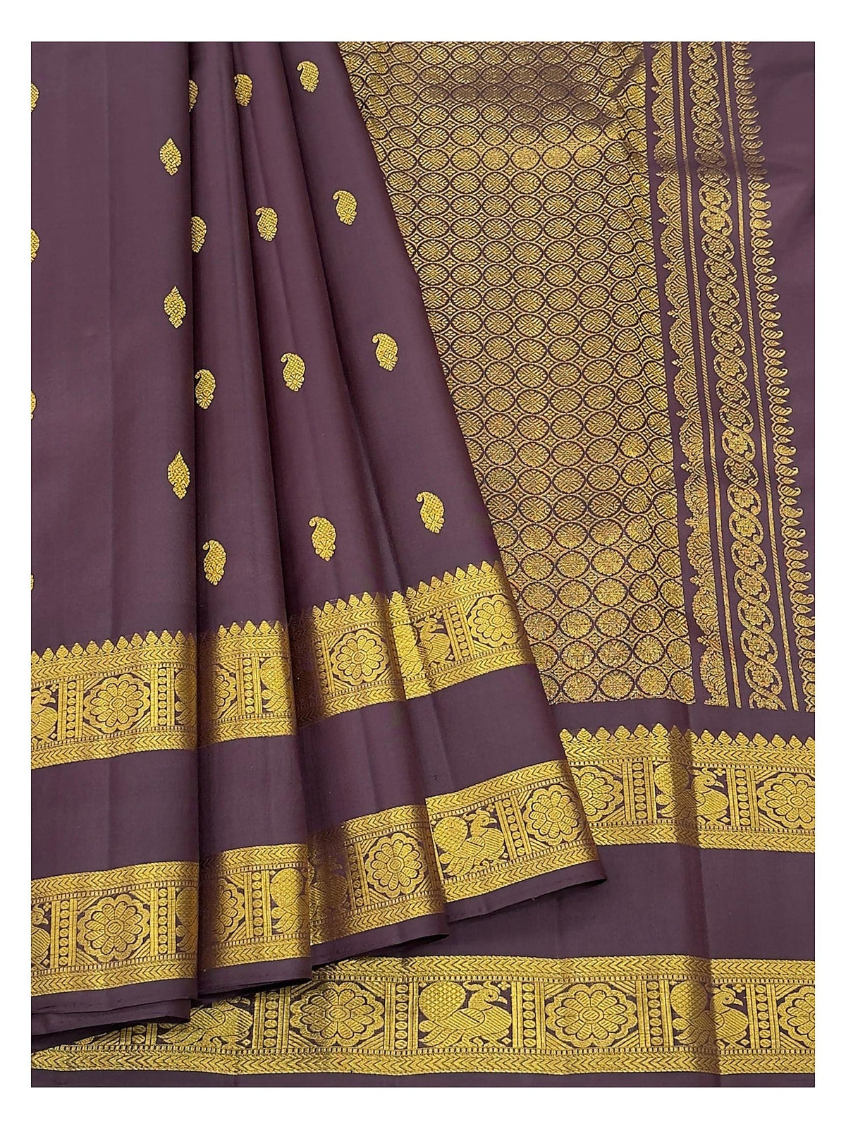 Handwoven Kanchipuram Silk Saree - Deep Plum with Gold-Toned Buttas, Peacock Border and Lattice Pallu
