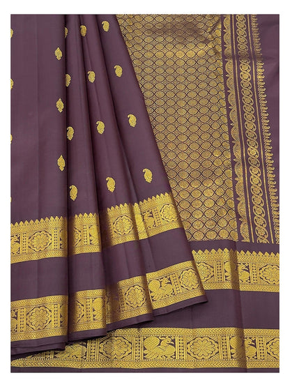 Handwoven Kanchipuram Silk Saree - Deep Plum with Gold-Toned Buttas, Peacock Border and Lattice Pallu