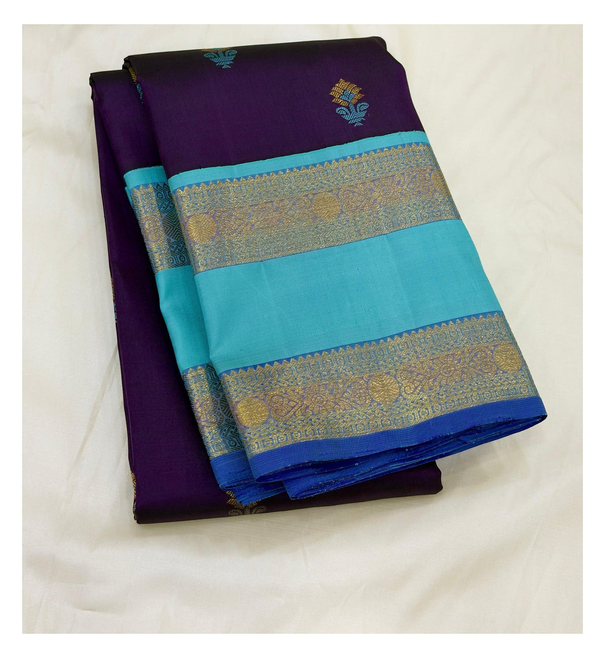 Handwoven Kanchipuram Silk Saree - Deep Purple with Aqua Blue Pallu front view