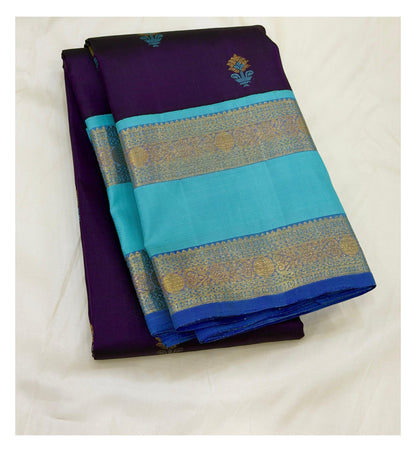 Handwoven Kanchipuram Silk Saree - Deep Purple with Aqua Blue Pallu front view