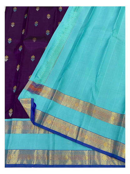 Handwoven Kanchipuram Silk Saree - Deep Purple with Aqua Blue Pallu