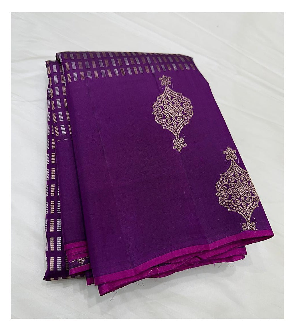 Handwoven Kanchipuram Silk Saree - Deep Purple with Geometric Weave and Gold-Toned Motifs front view