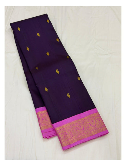 Handwoven Kanchipuram Silk Saree - Deep Purple with Pink Border