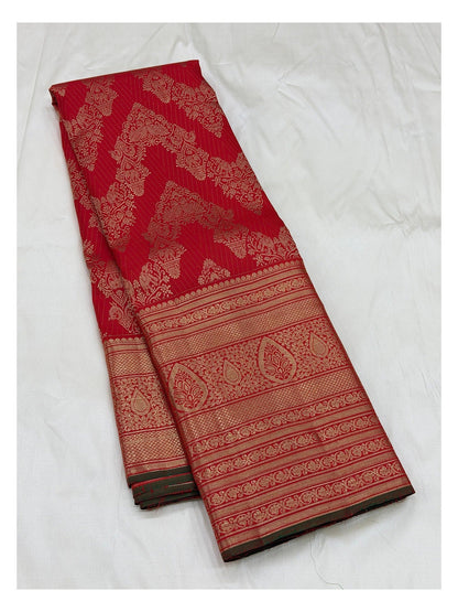 Handwoven Kanchipuram Silk Saree - Deep Red with Broad Gold Woven Border front view