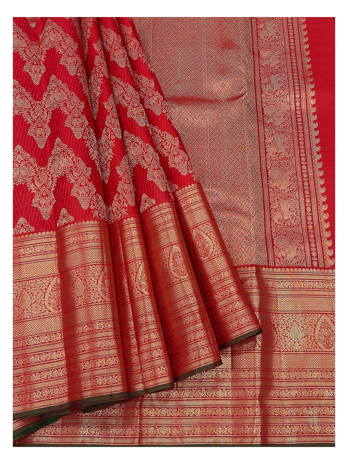 Handwoven Kanchipuram Silk Saree - Deep Red with Broad Gold Woven Border