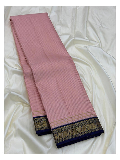 Handwoven Kanchipuram Silk Saree - Dusty Pink with Navy Blue Zari Border