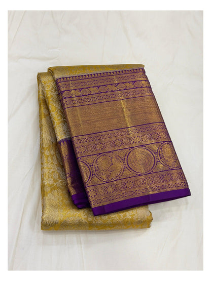 Handwoven Kanchipuram Silk Saree - Gold Tone with Purple Border front view