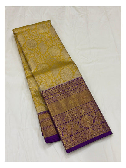 Handwoven Kanchipuram Silk Saree - Gold Tone with Purple Border