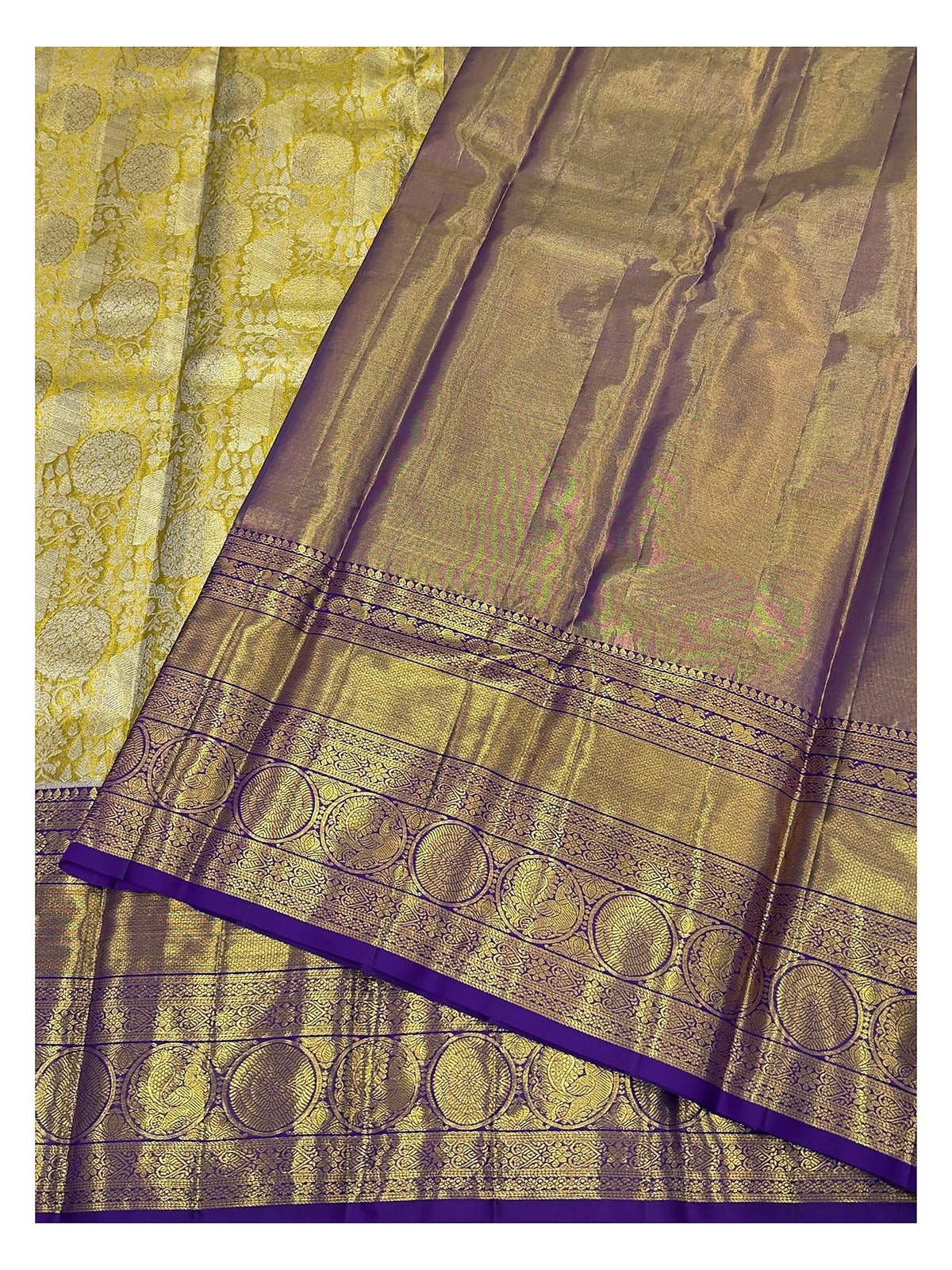 Handwoven Kanchipuram Silk Saree - Gold Tone with Purple Border