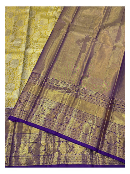 Handwoven Kanchipuram Silk Saree - Gold Tone with Purple Border