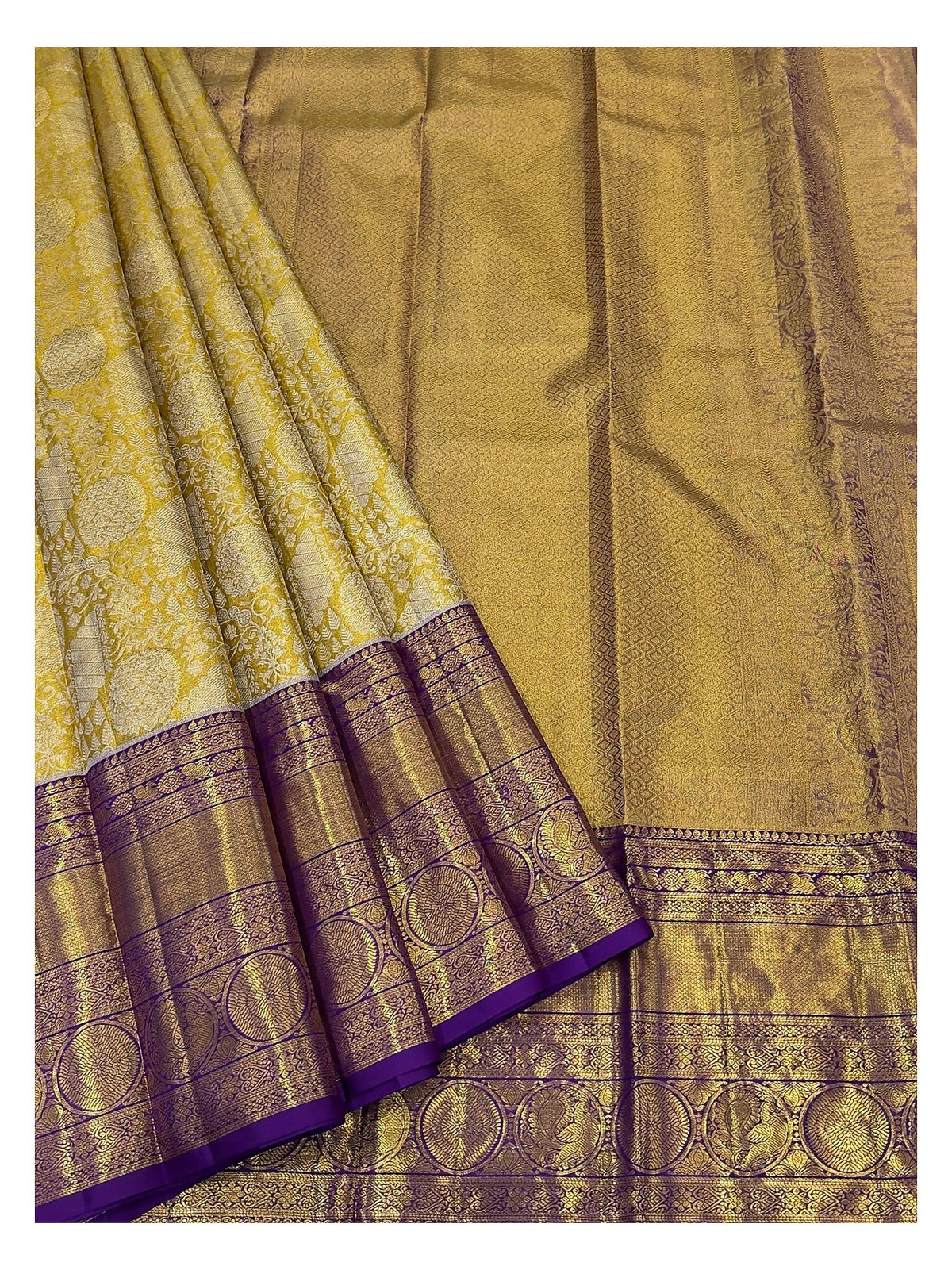 Handwoven Kanchipuram Silk Saree - Gold Tone with Purple Border