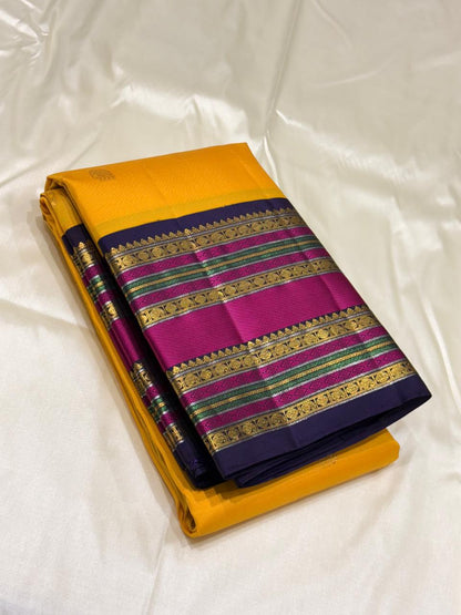 Bridal Kanchipuram silk saree mustard yellow with contrast blouse piece