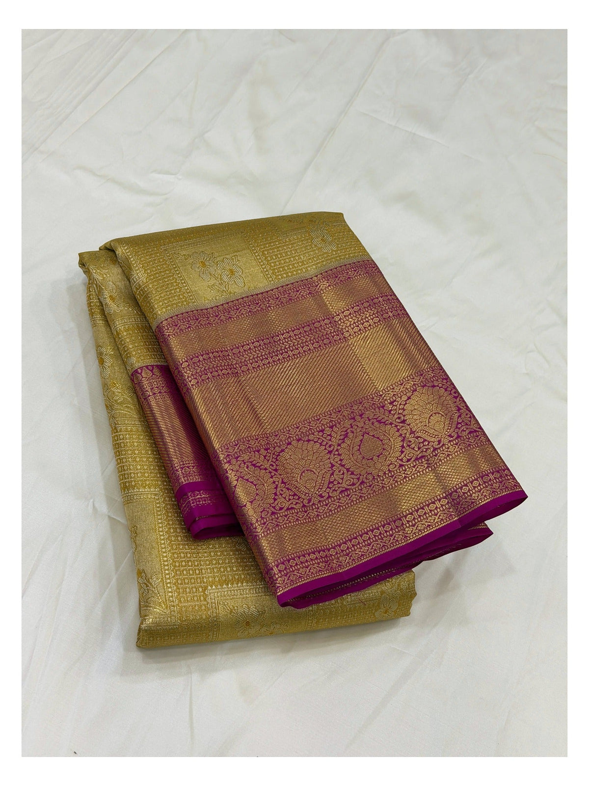 Handwoven Kanchipuram Silk Saree in Antique Gold with Magenta Zari Border front view