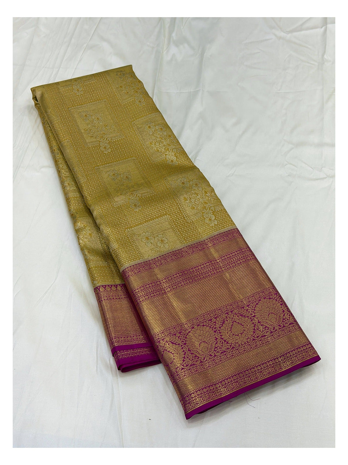 Handwoven Kanchipuram Silk Saree in Antique Gold with Magenta Zari Border