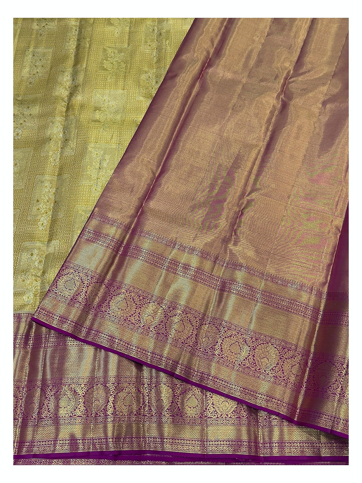 Handwoven Kanchipuram Silk Saree in Antique Gold with Magenta Zari Border