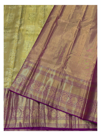 Handwoven Kanchipuram Silk Saree in Antique Gold with Magenta Zari Border