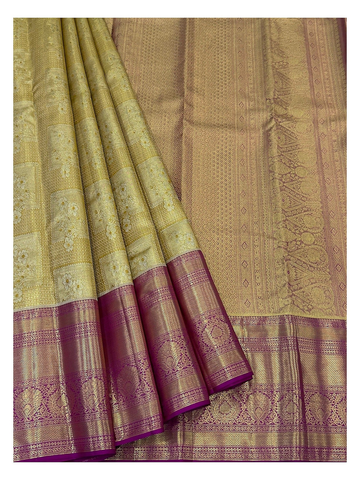 Handwoven Kanchipuram Silk Saree in Antique Gold with Magenta Zari Border