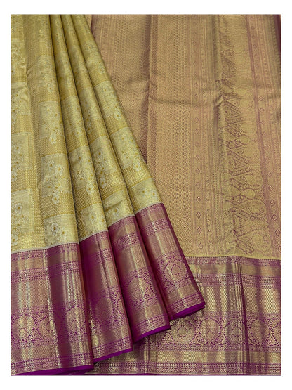 Handwoven Kanchipuram Silk Saree in Antique Gold with Magenta Zari Border