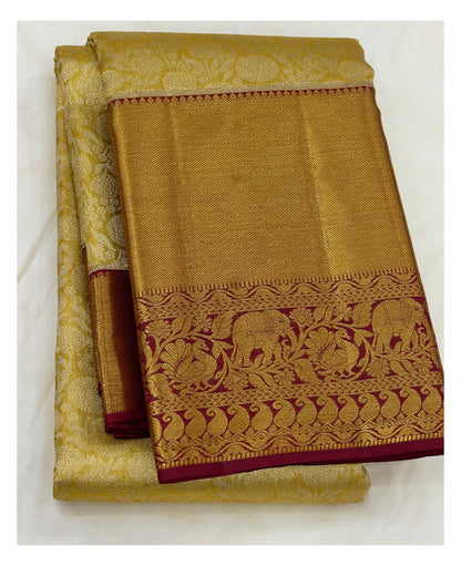 Handwoven Kanchipuram Silk Saree in Antique Gold with Maroon Elephant Border front view