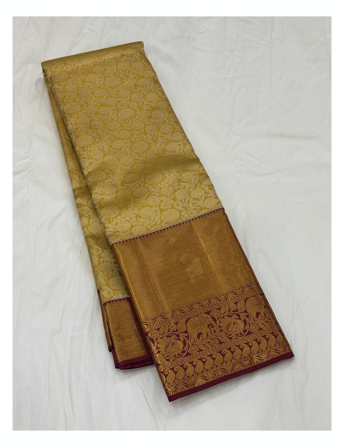 Handwoven Kanchipuram Silk Saree in Antique Gold with Maroon Elephant Border