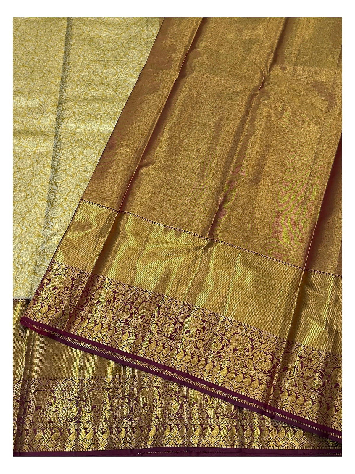 Handwoven Kanchipuram Silk Saree in Antique Gold with Maroon Elephant Border