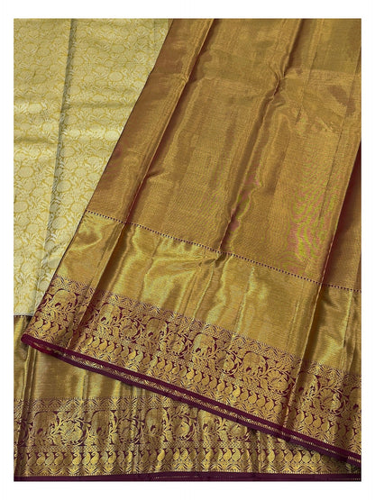 Handwoven Kanchipuram Silk Saree in Antique Gold with Maroon Elephant Border