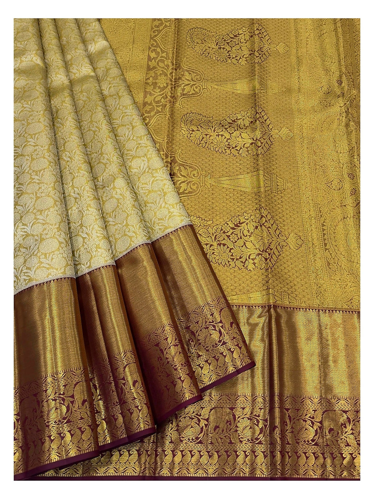 Handwoven Kanchipuram Silk Saree in Antique Gold with Maroon Elephant Border