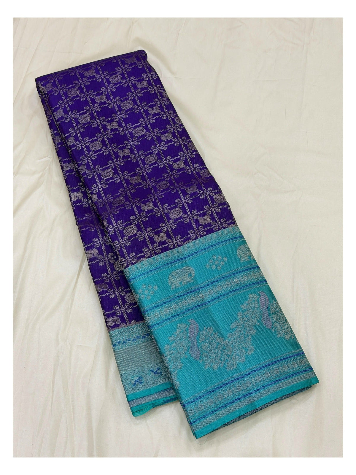 Handwoven Kanchipuram Silk Saree in Aqua Blue and Royal Purple
