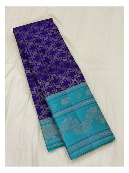 Handwoven Kanchipuram Silk Saree in Aqua Blue and Royal Purple