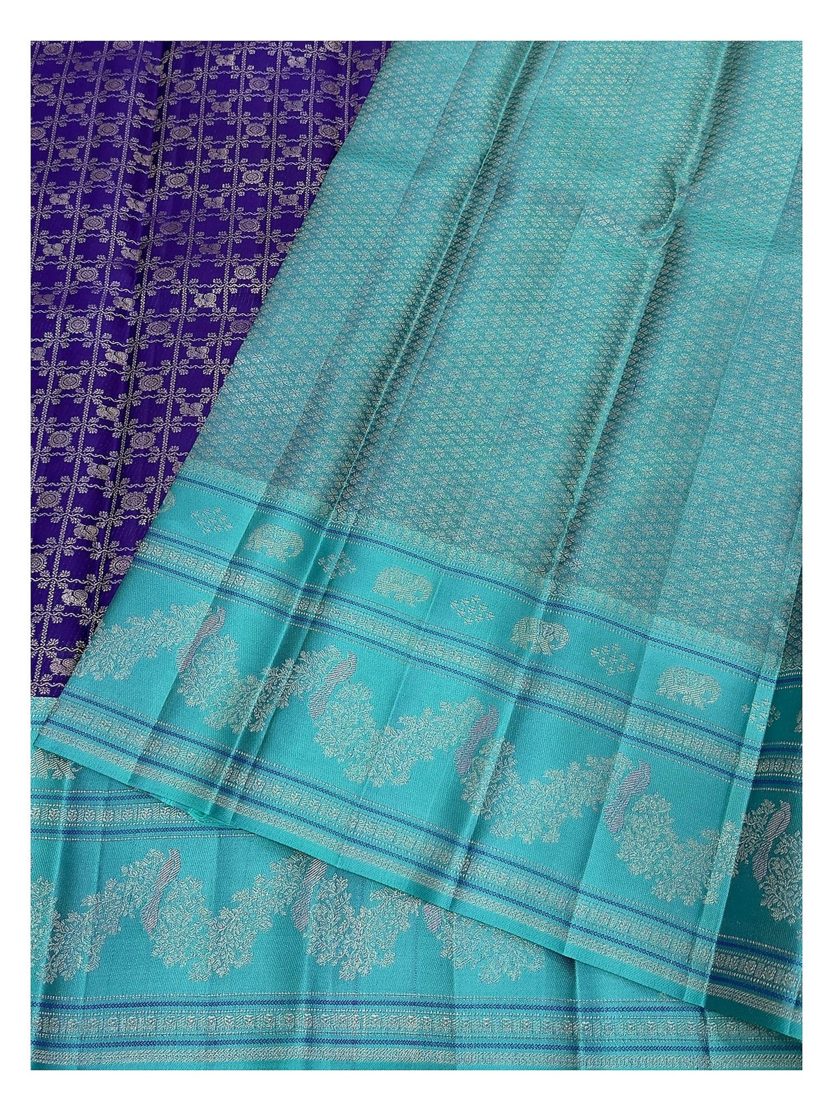 Handwoven Kanchipuram Silk Saree in Aqua Blue and Royal Purple