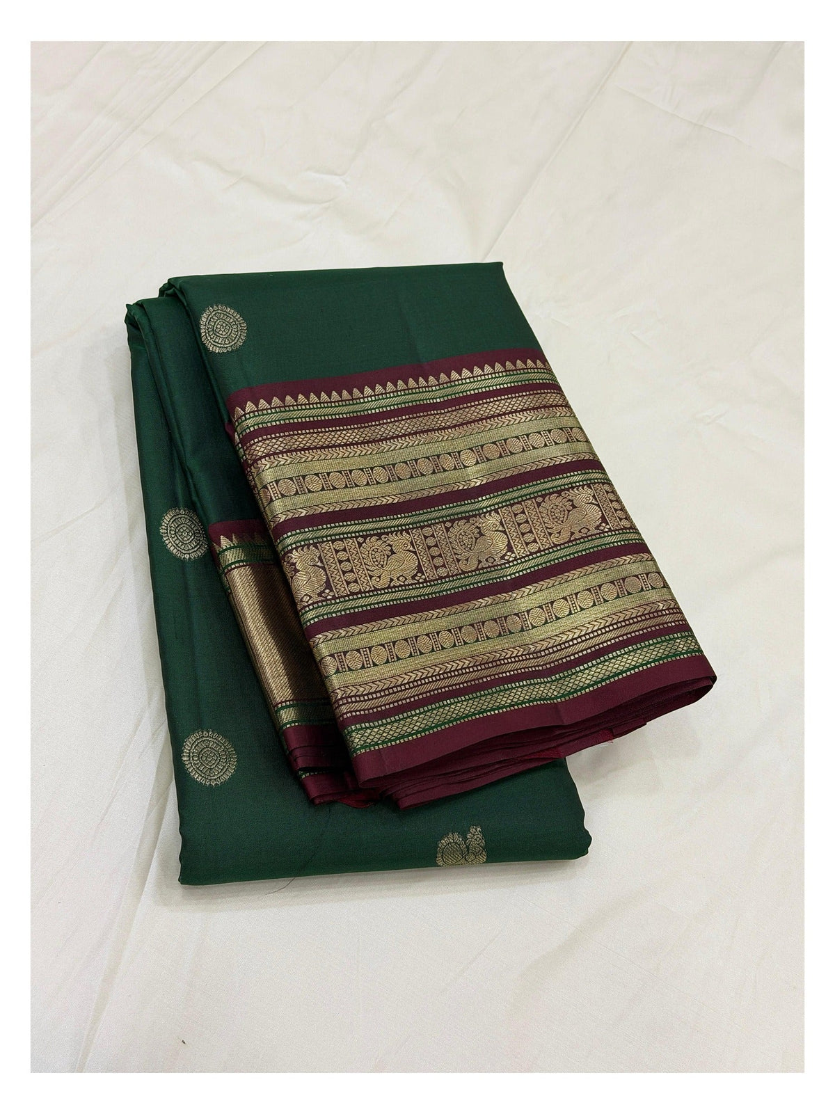 Handwoven Kanchipuram Silk Saree in Deep Green with Maroon Border front view
