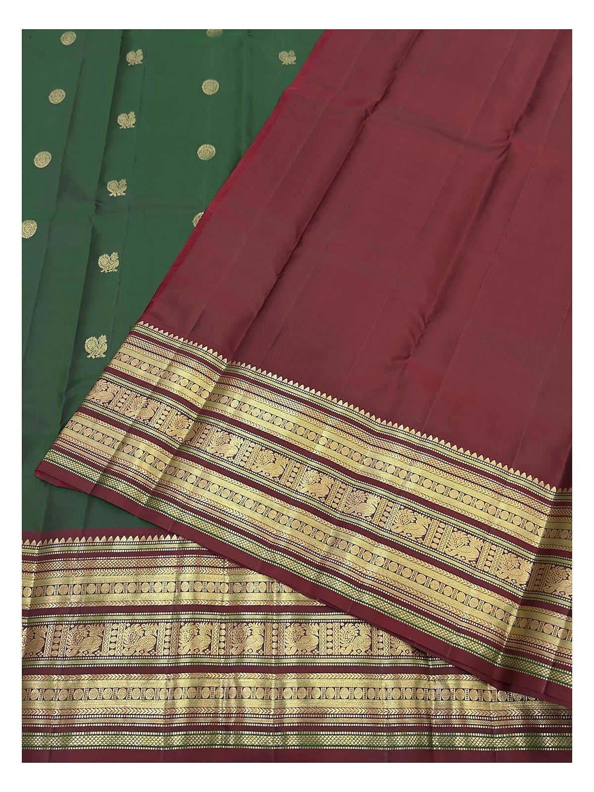 Handwoven Kanchipuram Silk Saree in Deep Green with Maroon Border