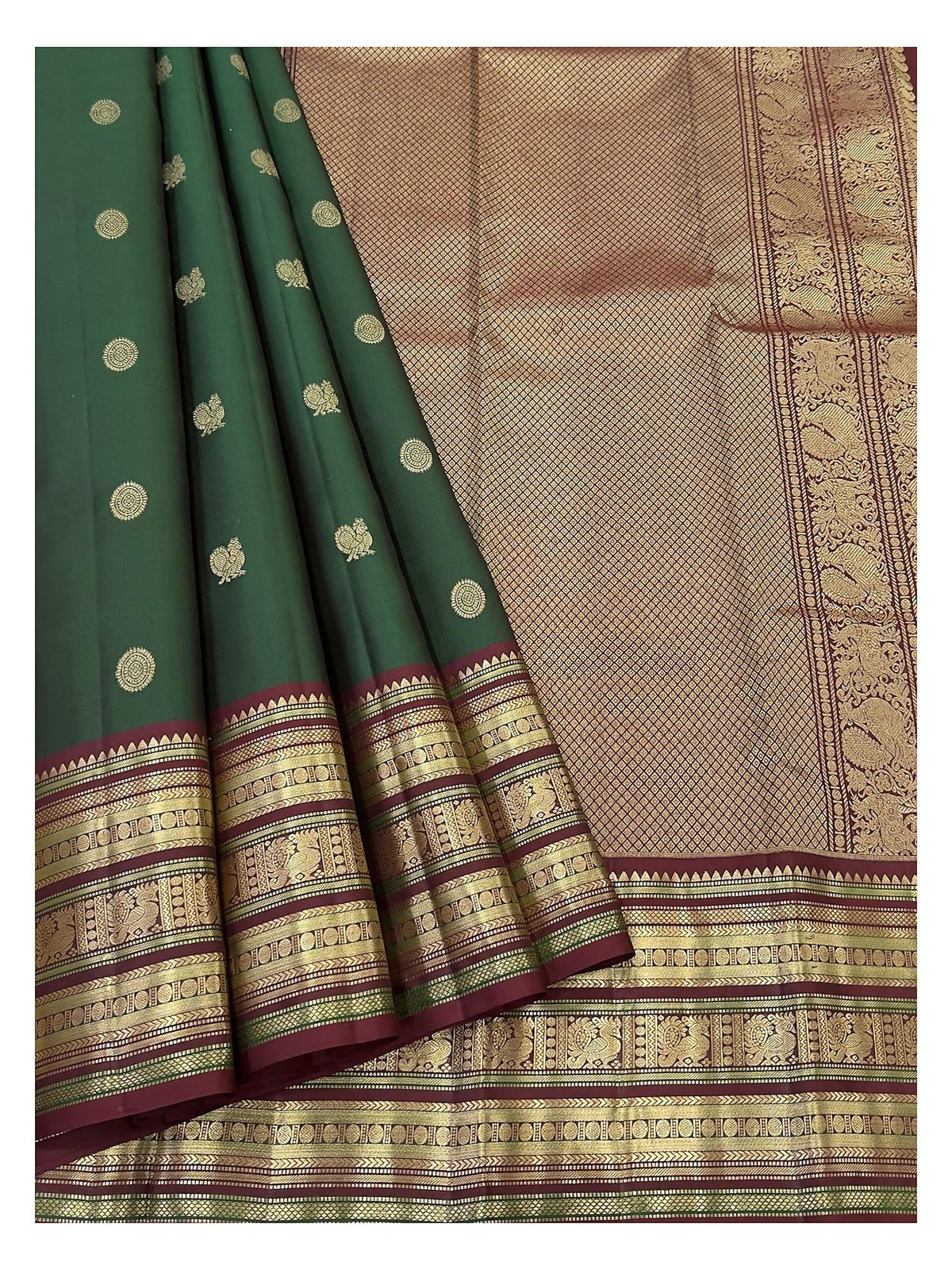 Handwoven Kanchipuram Silk Saree in Deep Green with Maroon Border