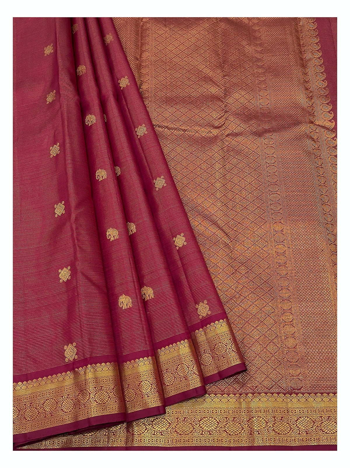 Handwoven Kanchipuram Silk Saree in Deep Magenta with Elephant Motifs