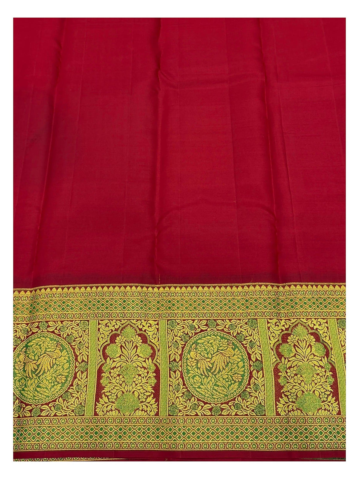 Handwoven Kanchipuram Silk Saree in Deep Pink with Green Peacock Border and Gold-Toned Pallu front view