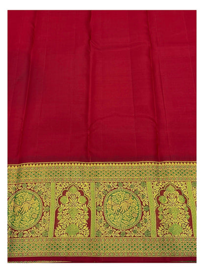 Handwoven Kanchipuram Silk Saree in Deep Pink with Green Peacock Border and Gold-Toned Pallu front view